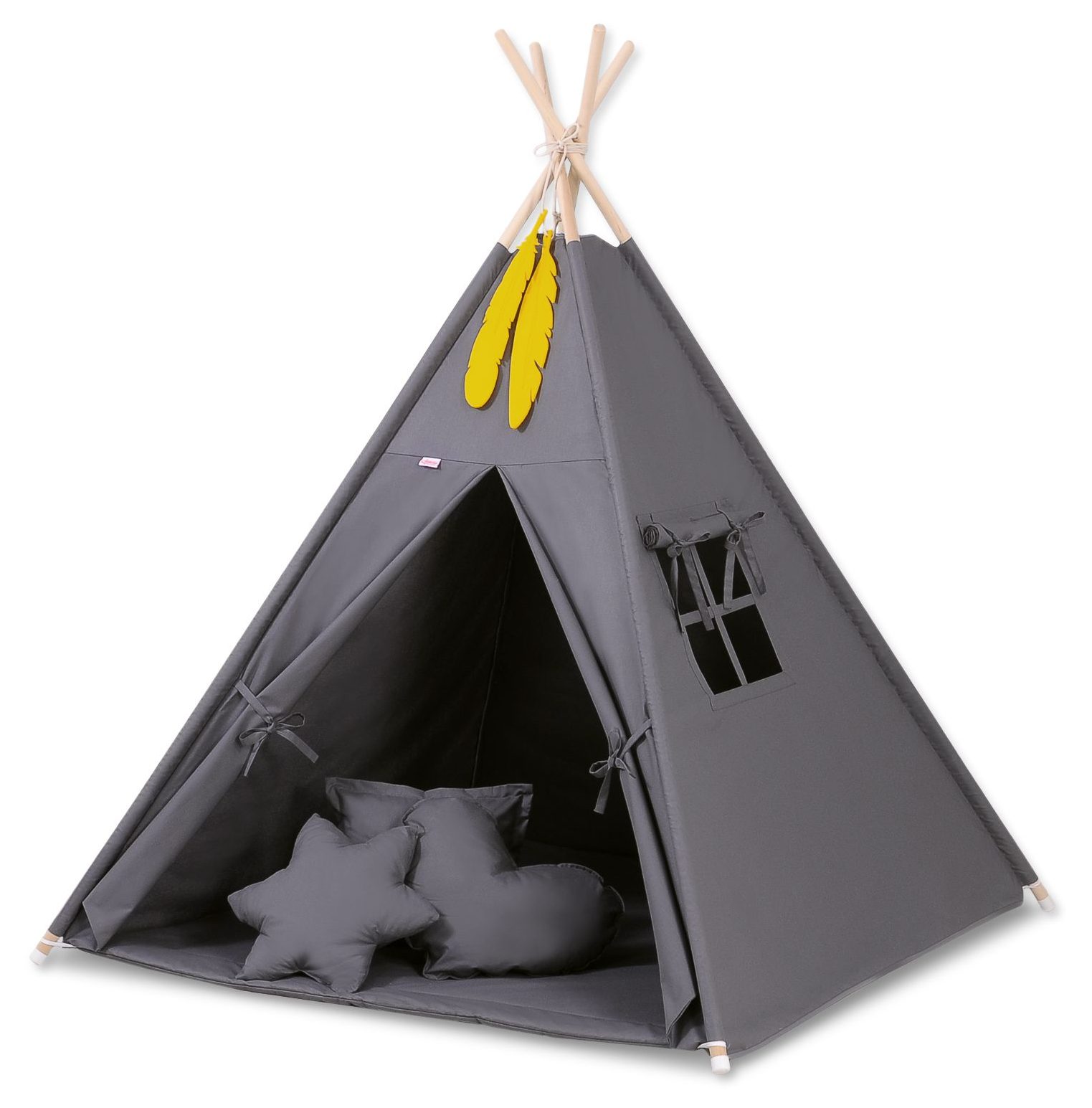 Namiot TIPI dla dzieci + mata + poduszki + zawieszki pióra - Chevron szary