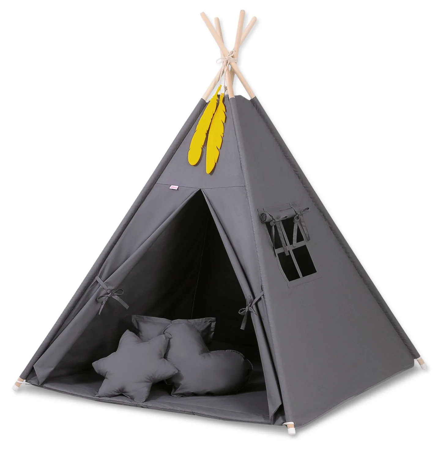 Namiot TIPI dla dzieci + mata + poduszki + zawieszki pióra - Chevron szary