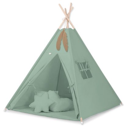 Namiot TIPI dla dzieci + mata + poduszki + zawieszki pióra - Chevron szary