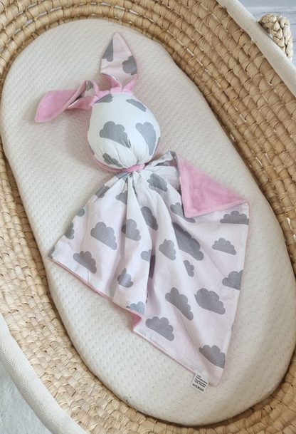 Zając przytulanka DOUDOU dwustronna bawełna i minky - Chmurki szare - różowy