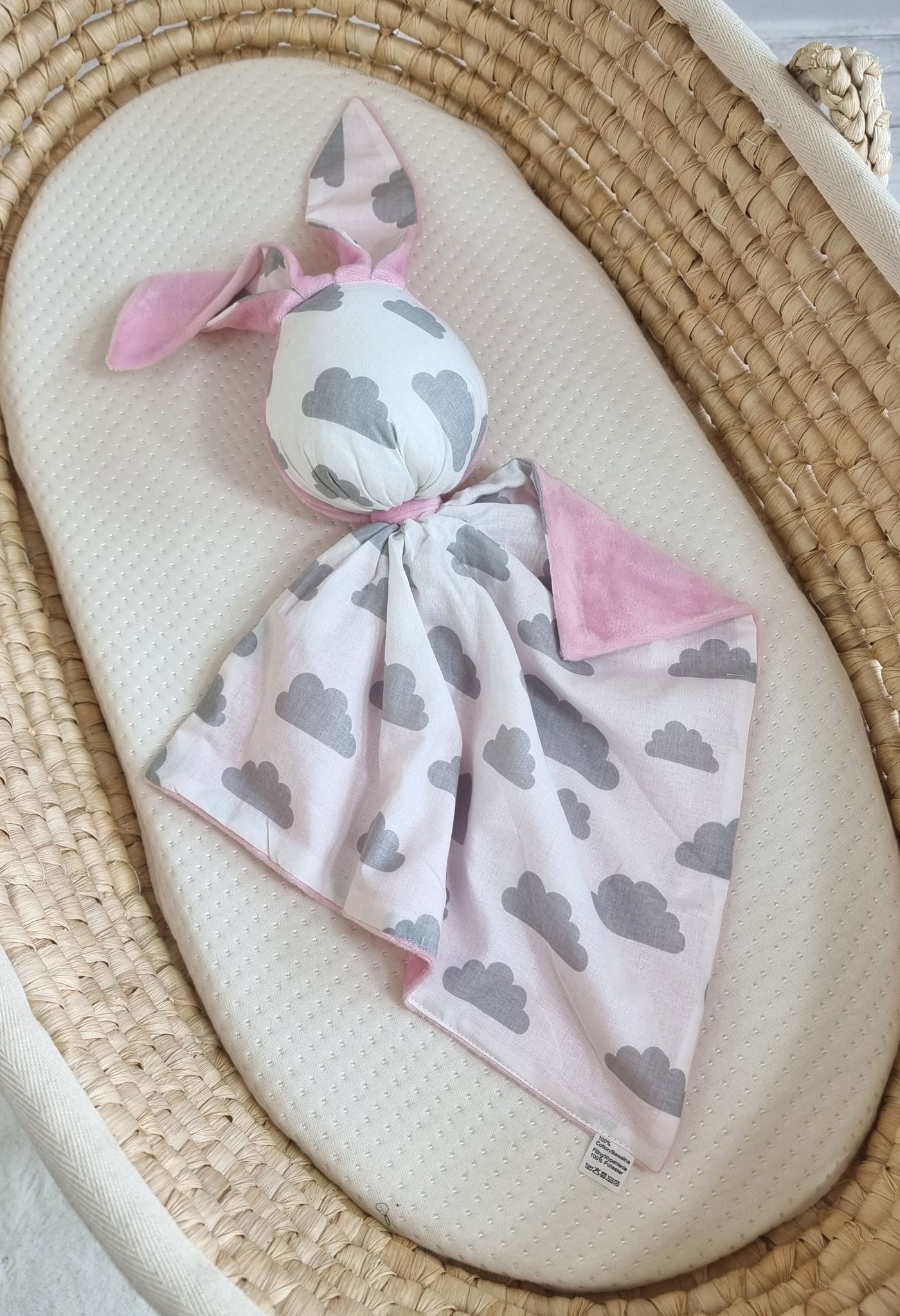 Zając przytulanka DOUDOU dwustronna bawełna i minky - Chmurki szare - różowy