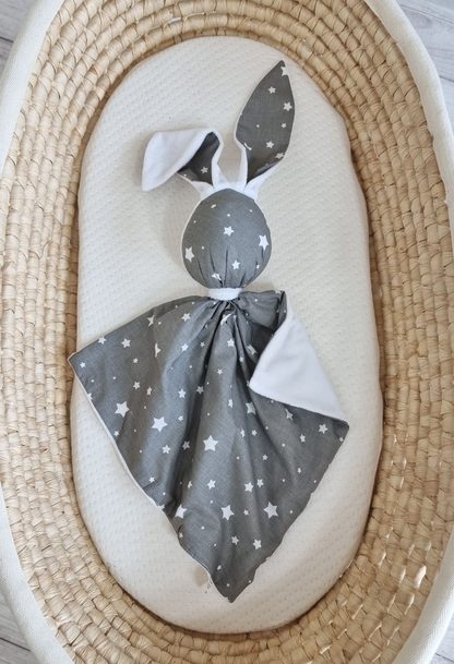 Zając przytulanka DOUDOU dwustronna bawełna i minky - Mini gwiazdki szare - biały