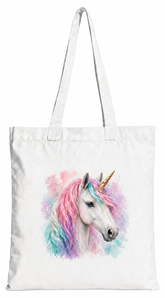 Torba bawełniana z białym jednorożcem z kolorową grzywą – 38 × 42 cm