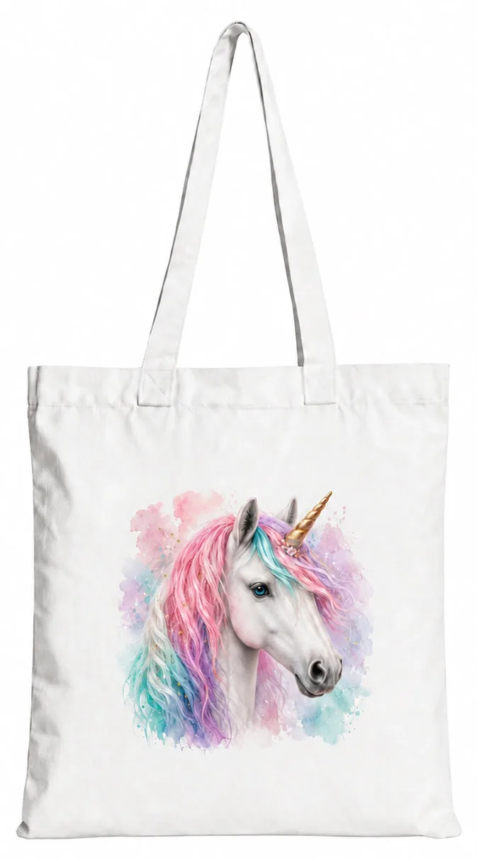 Torba bawełniana z białym jednorożcem z kolorową grzywą – 38 × 42 cm