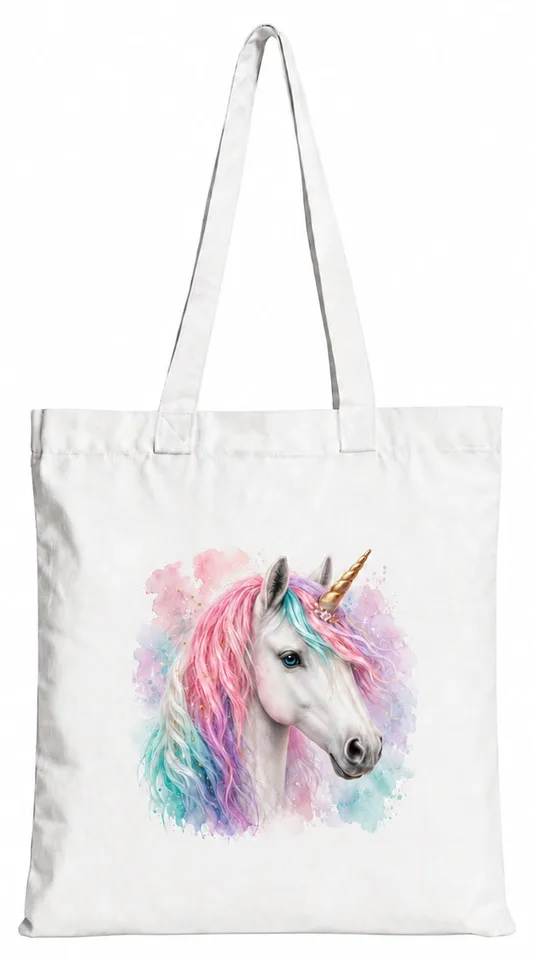 Torba bawełniana z białym jednorożcem z kolorową grzywą – 38 × 42 cm