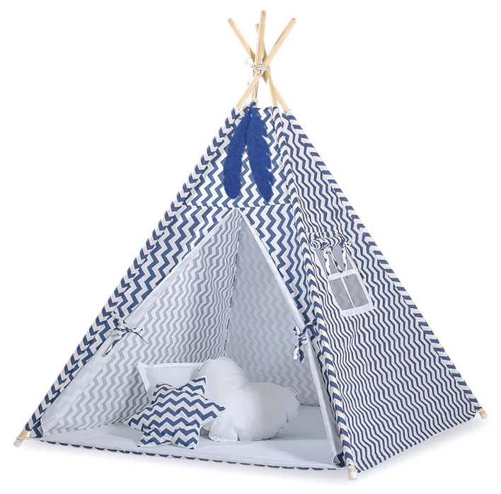 Namiot Tipi dla dzieci + zawieszki pióra - Białe grochy na turkusie