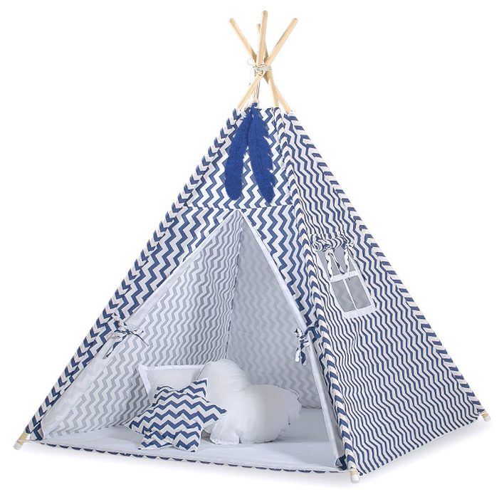 Namiot Tipi dla dzieci + zawieszki pióra - Białe grochy na turkusie