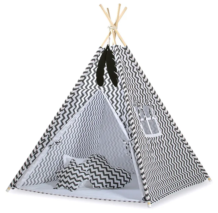 Namiot Tipi dla dzieci + zawieszki pióra - Białe grochy na turkusie