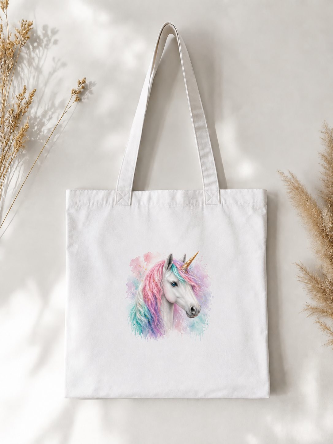 Torba bawełniana z białym jednorożcem z kolorową grzywą – 38 × 42 cm