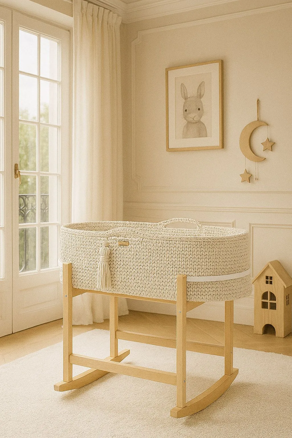 Kosz Mojżesza BOHO Handmade z kołyską - śmietanka