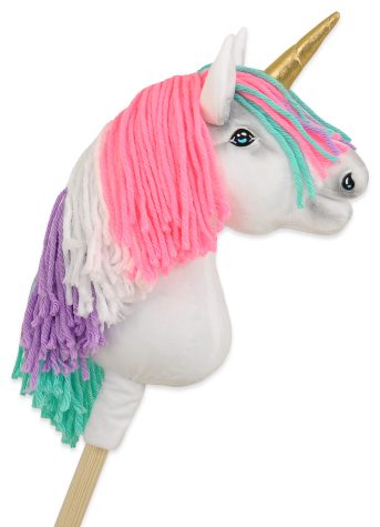 Hobby Horse Jednorożec na kiju różowy z różową grzywą i złotym rogiem A4