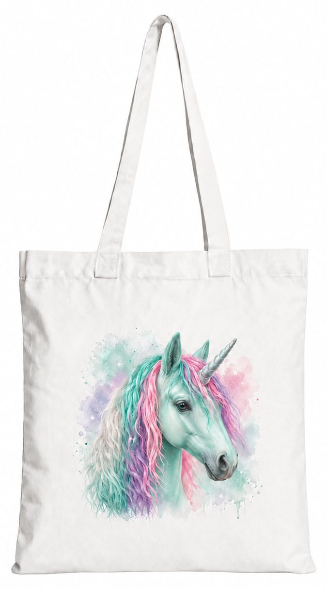 Torba bawełniana z białym jednorożcem z kolorową grzywą – 38 × 42 cm