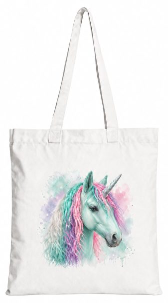 Torba bawełniana z białym jednorożcem z kolorową grzywą – 38 × 42 cm
