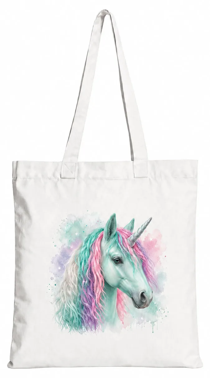 Torba bawełniana z białym jednorożcem z kolorową grzywą – 38 × 42 cm