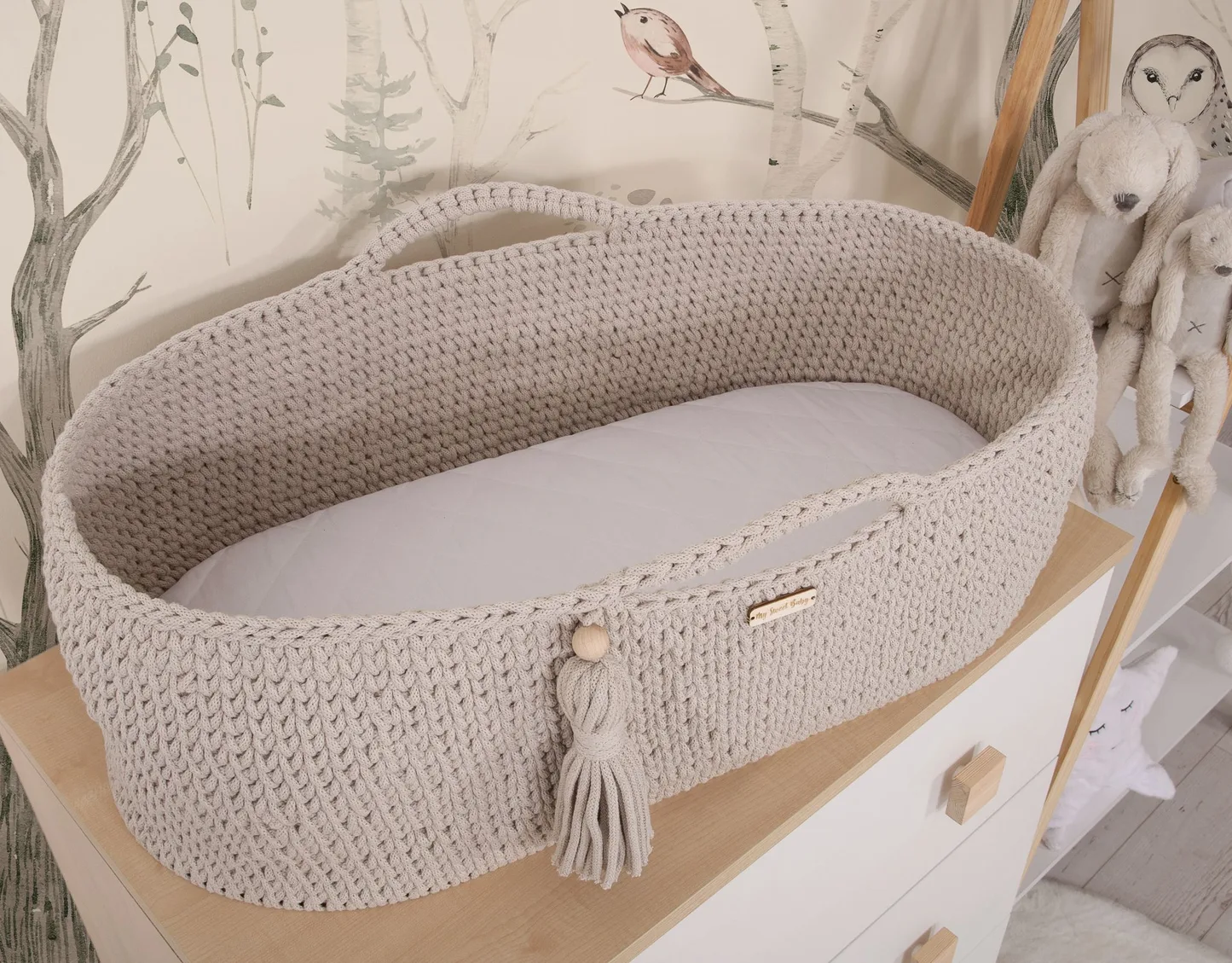Kosz Mojżesza BOHO bawełniany Handmade z materacykiem - jasny beżowy