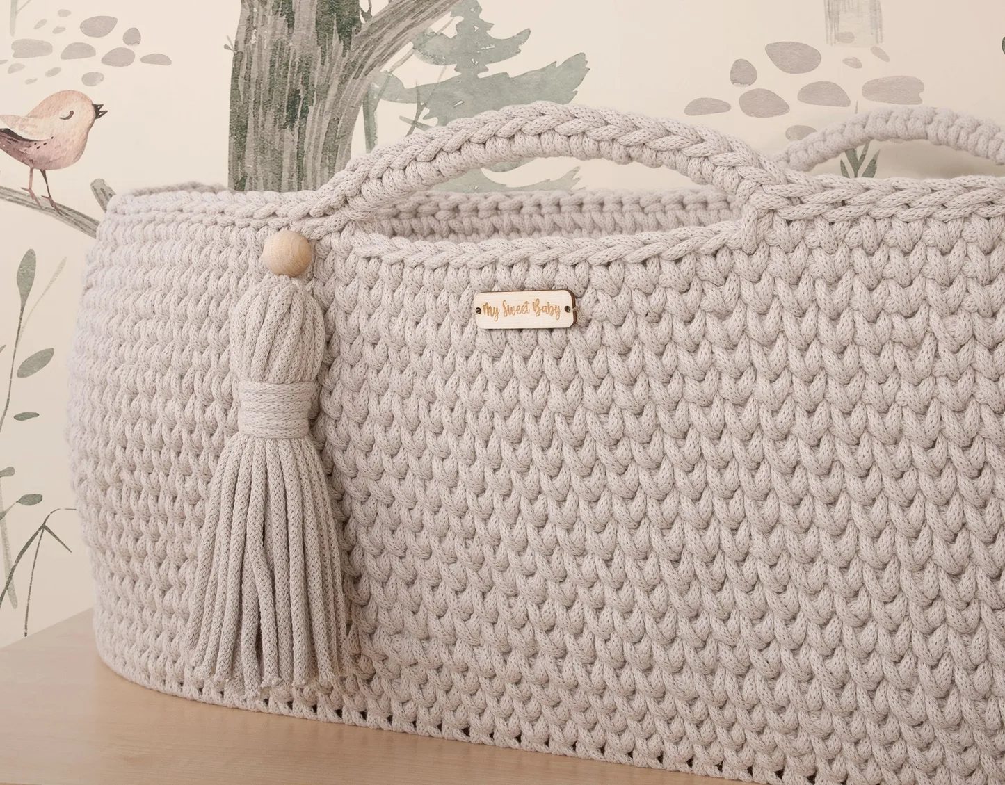 Kosz Mojżesza BOHO bawełniany Handmade z materacykiem - jasny beżowy