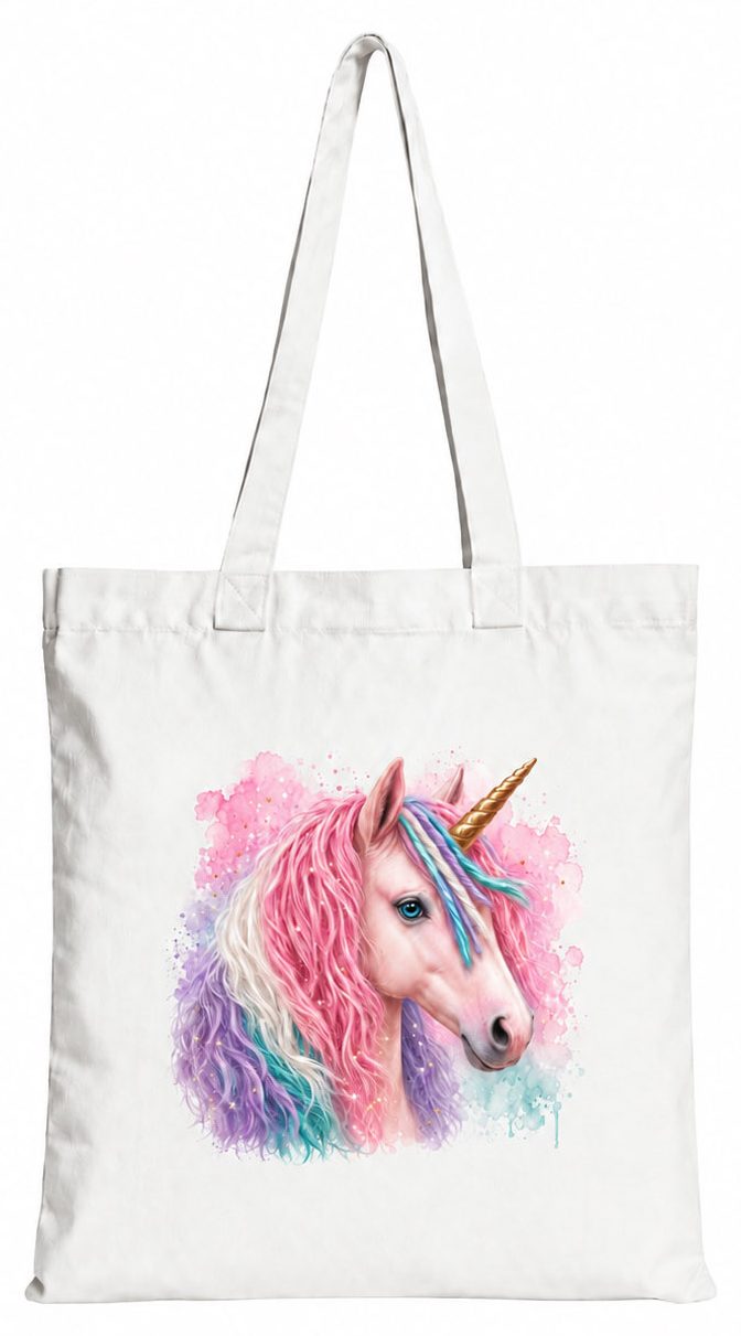 Torba bawełniana z białym jednorożcem z kolorową grzywą – 38 × 42 cm