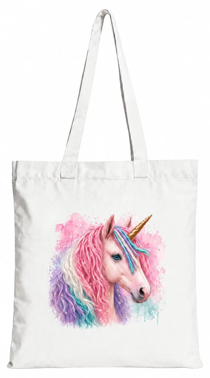 Torba bawełniana z białym jednorożcem z kolorową grzywą – 38 × 42 cm