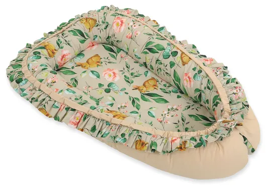 Kokon niemowlęcy kojec otulacz Premium z falbanką - Rabbit with flowers