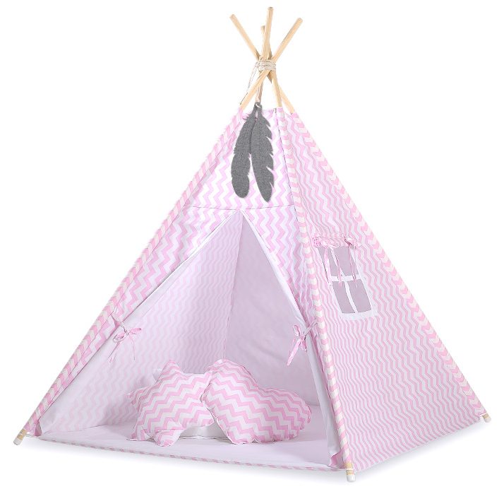 Namiot TIPI dla dzieci +mata + zawieszki pióra - Chevron różowy