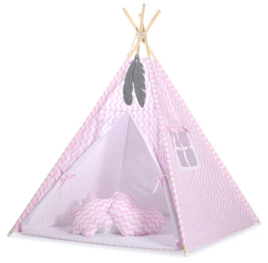 Namiot TIPI dla dzieci +mata + zawieszki pióra - Chevron różowy