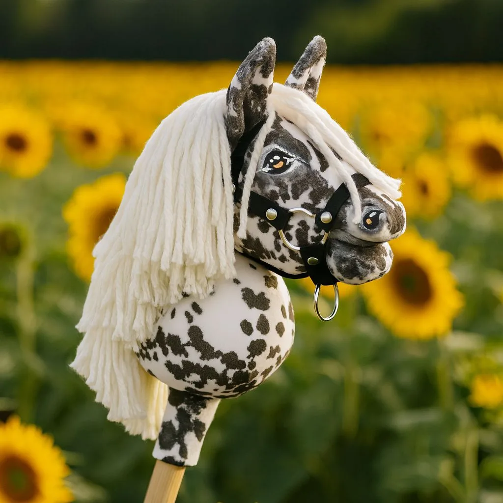 Hobby Horse Mały koń na kiju Premium tarantowaty biało-czarny z białą grzywą A5