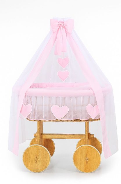 Wiklinowy kosz Mojżesza z baldachimem Deluxe Amelia - naturalny + różowa pościel