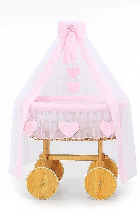 Wiklinowy kosz Mojżesza z baldachimem Deluxe Amelia - naturalny + różowa pościel