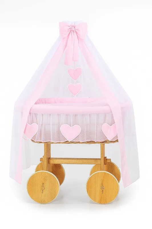 Wiklinowy kosz Mojżesza z baldachimem Deluxe Amelia - naturalny + różowa pościel