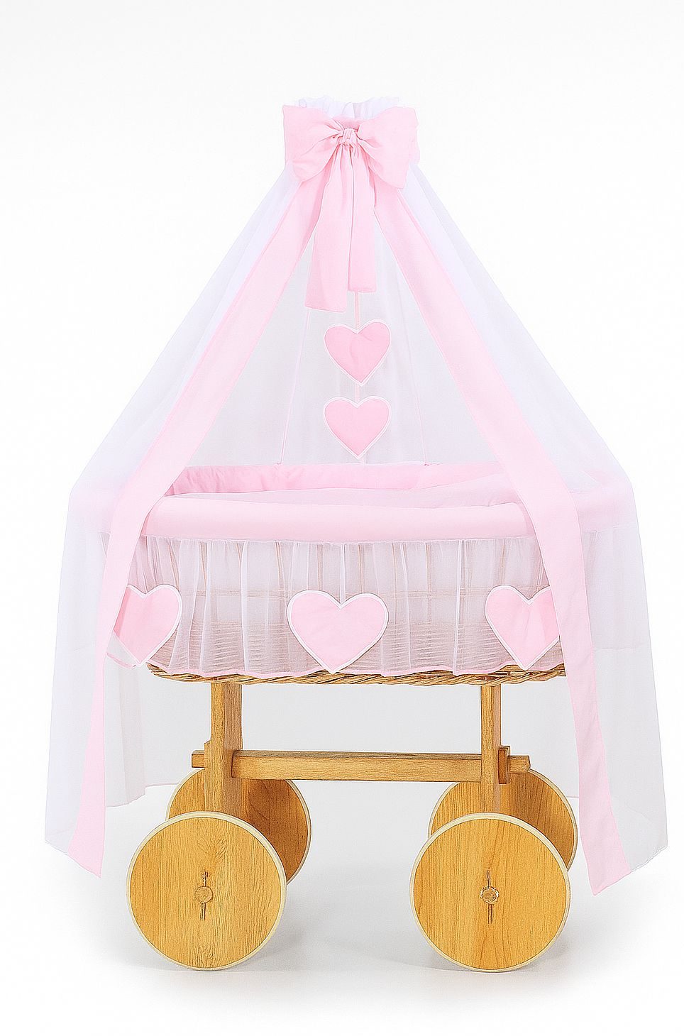 Wiklinowy kosz Mojżesza z baldachimem Deluxe Amelia - naturalny + różowa pościel