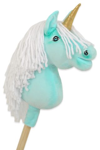 Hobby Horse Jednorożec na kiju różowy z różową grzywą i złotym rogiem A4