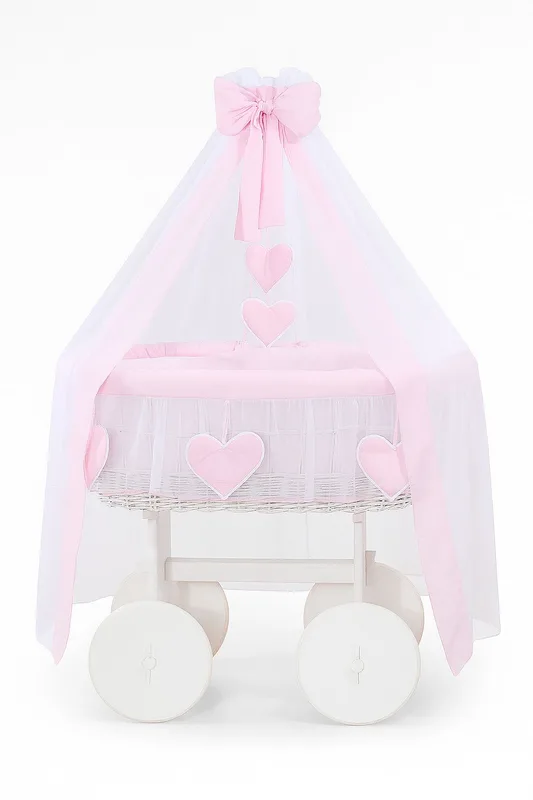 Wiklinowy kosz Mojżesza z baldachimem Deluxe Amelia - biały + różowa pościel