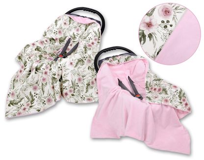 Duży otulacz dla niemowląt do fotelika nosidełka wózka dwustronny - peonie różowe
