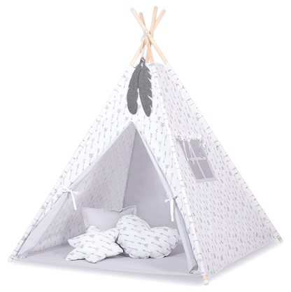 Namiot Tipi dla dzieci + zawieszki pióra - Białe grochy na turkusie
