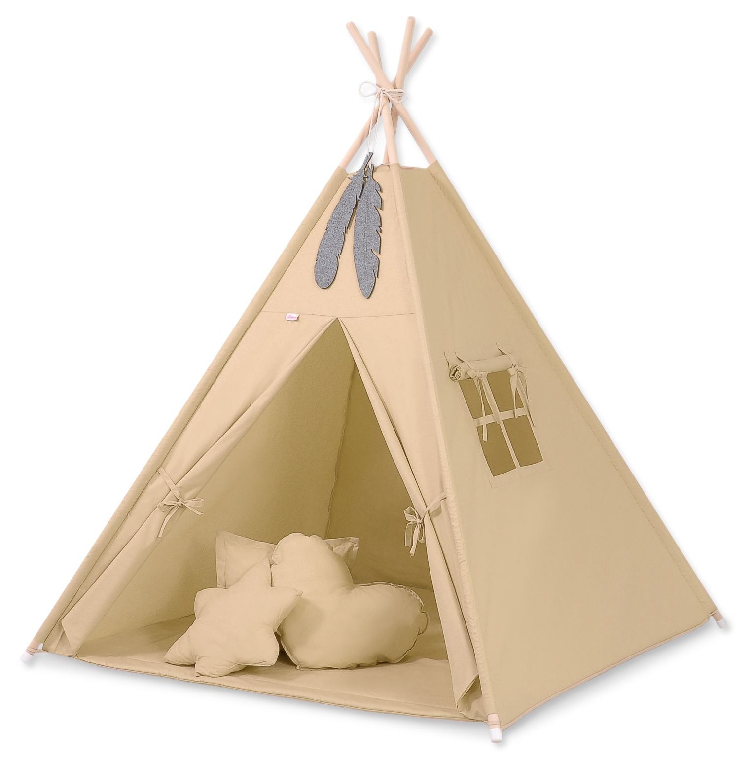 Namiot TIPI dla dzieci + mata + poduszki + zawieszki pióra - Chevron szary