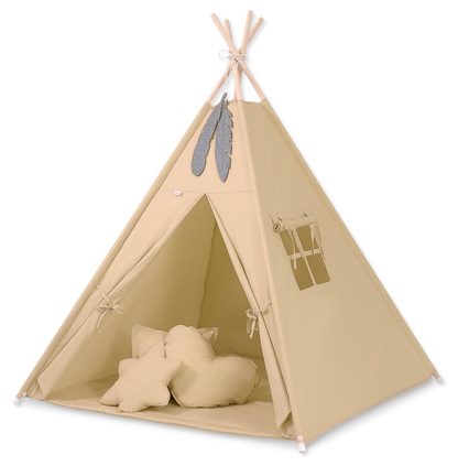 Namiot TIPI dla dzieci + mata + poduszki + zawieszki pióra - Chevron szary