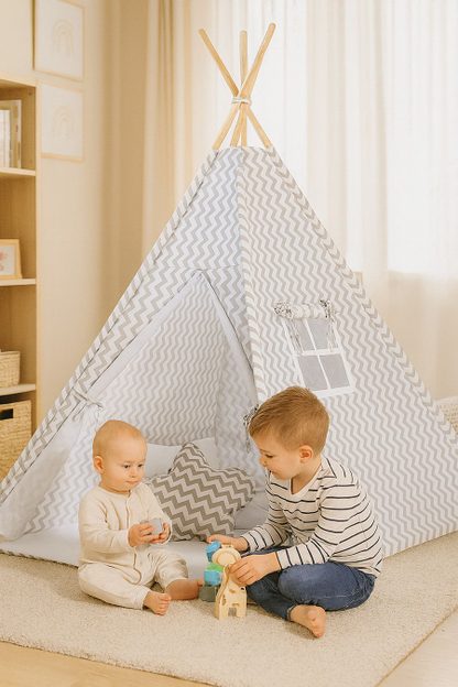 Namiot TIPI dla dzieci + mata + poduszki + zawieszki pióra - Chevron szary