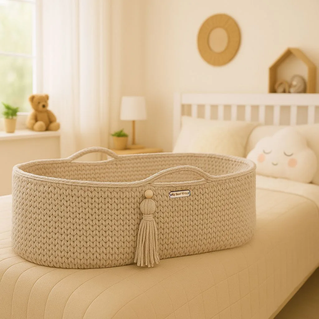 Kosz Mojżesza BOHO bawełniany Handmade z materacykiem - jasny beżowy