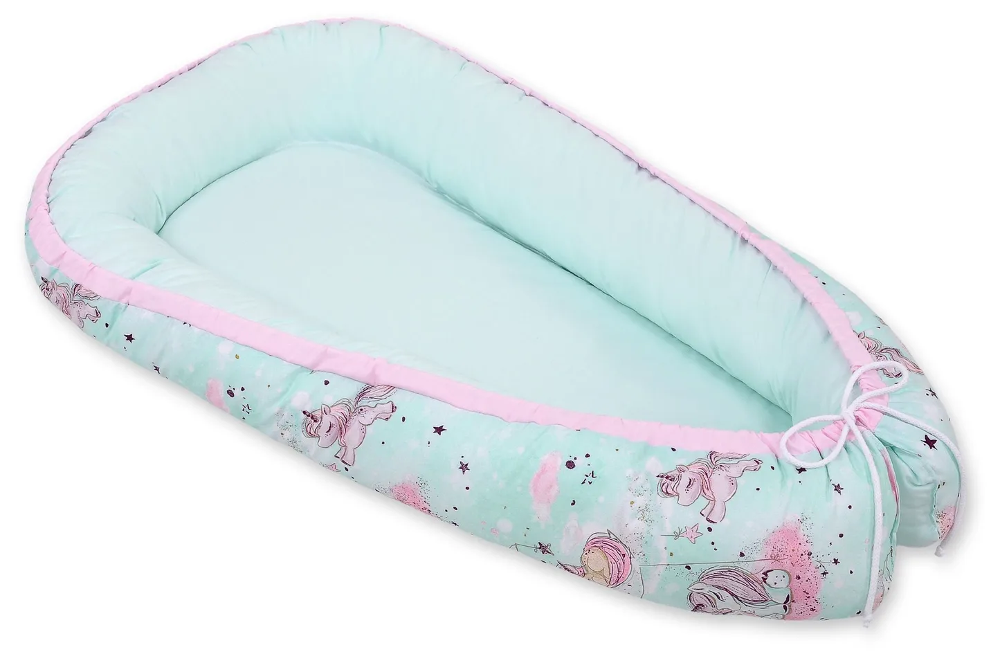 Kokon niemowlęcy dwustronny kojec otulacz Premium BOBONO- jednorożce miętowe/mięta