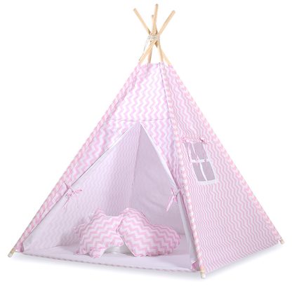 Namiot TIPI dla dzieci +mata + zawieszki pióra - Chevron różowy