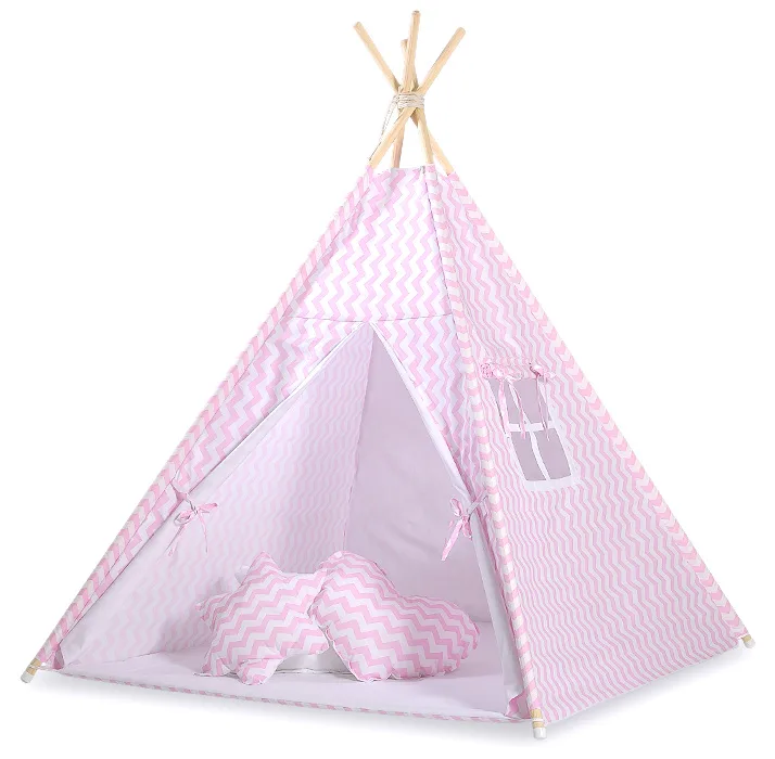 Namiot TIPI dla dzieci +mata + zawieszki pióra - Chevron różowy