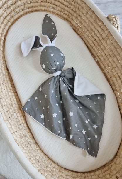 Zając przytulanka DOUDOU dwustronna bawełna i minky - Mini gwiazdki szare - biały