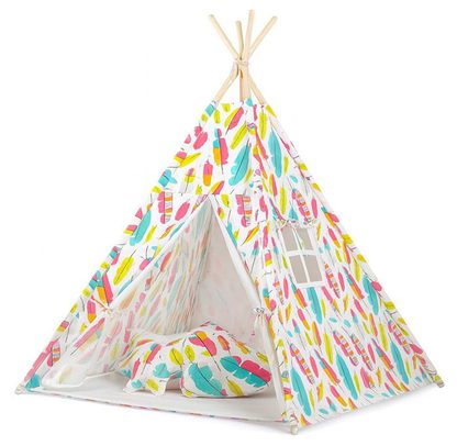 Namiot TIPI dla dzieci + mata + poduszki + zawieszki pióra - Maroko żółte