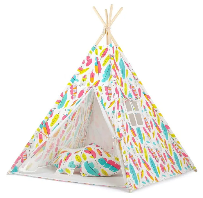 Namiot TIPI dla dzieci + mata + poduszki + zawieszki pióra - Maroko żółte