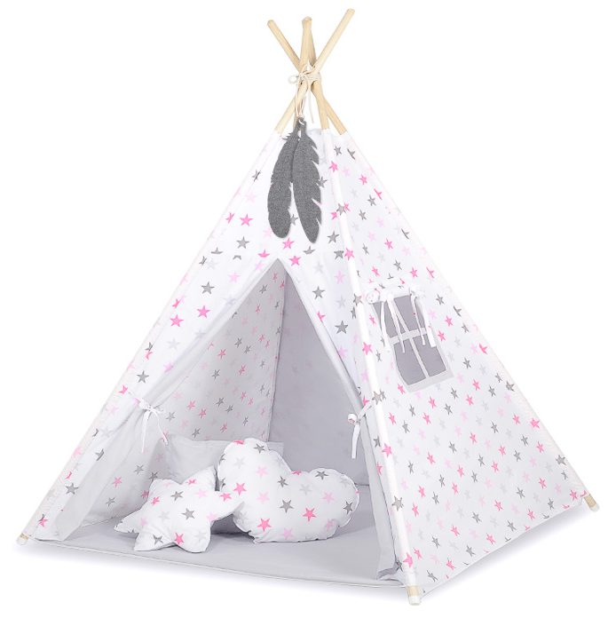 Namiot TIPI dla dzieci +mata + zawieszki pióra - Chevron różowy