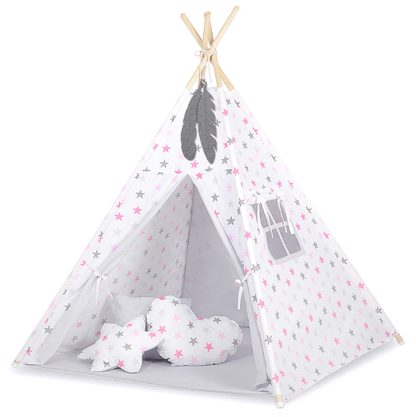 Namiot TIPI dla dzieci +mata + zawieszki pióra - Chevron różowy