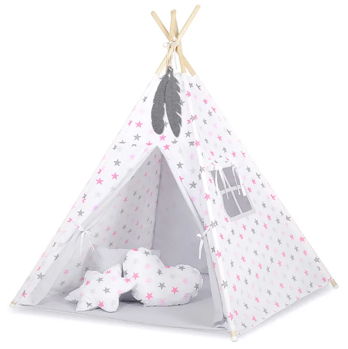 Namiot TIPI dla dzieci +mata + zawieszki pióra - Chevron różowy