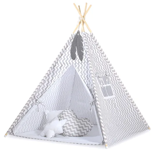 Namiot TIPI dla dzieci + mata + poduszki + zawieszki pióra - Chevron szary