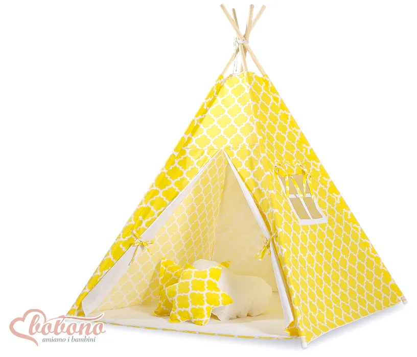Namiot TIPI dla dzieci + mata + poduszki + zawieszki pióra - Maroko żółte