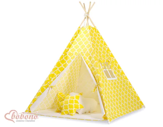 Namiot TIPI dla dzieci + mata + poduszki + zawieszki pióra - Maroko żółte